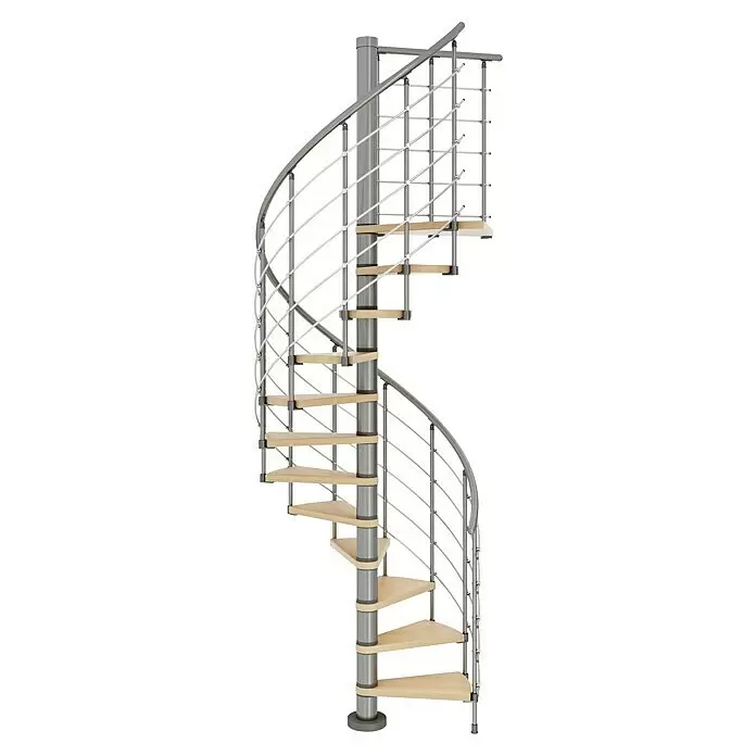 Dolle Spindeltreppe Oslo - Durchmesser: 120 cm, Grau, Farbe Stufen: Buche Natur, Geschosshöhe: 294 cm - 322 cm - Moderne Wendeltreppe mit hellen Holzstufen, grauem Metall-Mittelpfosten und elegantem Metallgeländer mit dünnen Balustern.