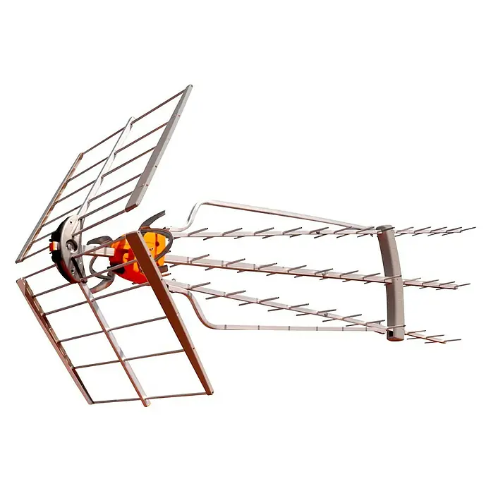 Televés Antena DAT Boss LR - Plateado - Primer plano de una antena de TV con elementos reflectantes y un núcleo naranja, ideal para la recepción de señales digitales.