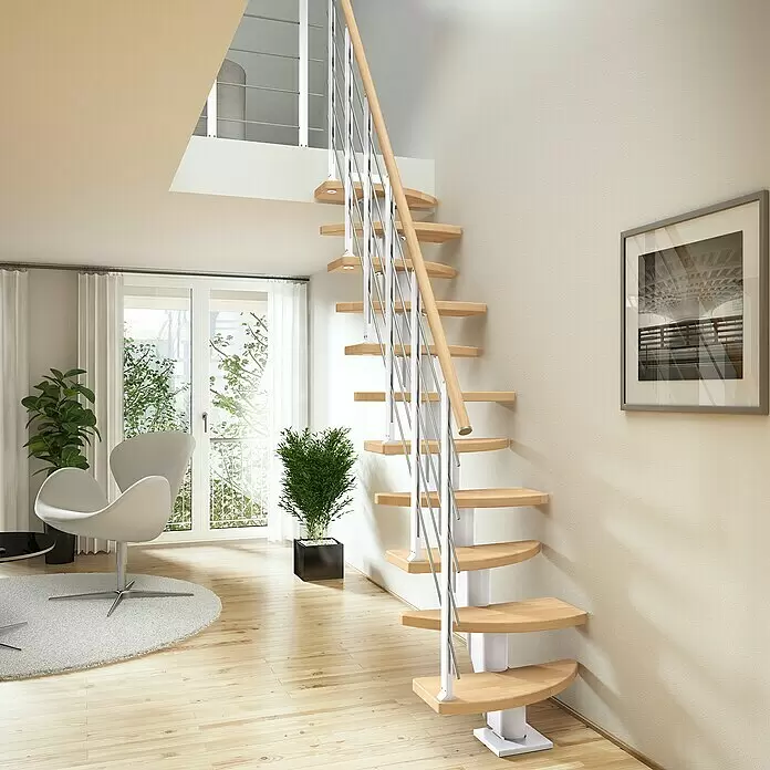 Dolle Mittelholmtreppe Berlin - Breite: 64 cm, Variabel, Weiß, Farbe Stufen: Buche Natur, Geschosshöhe: 259 cm - 315 cm - Stimmungsaufnahme