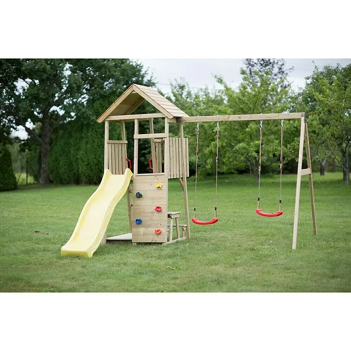 Wendi Toys Kinderspielturm Giraffe - Natur/Gelb - Holzspielplatz mit Rutsche, Kletterwand und Schaukeln. Perfekt für Spaß im Garten, fördert Aktivität und Kreativität von Kindern.