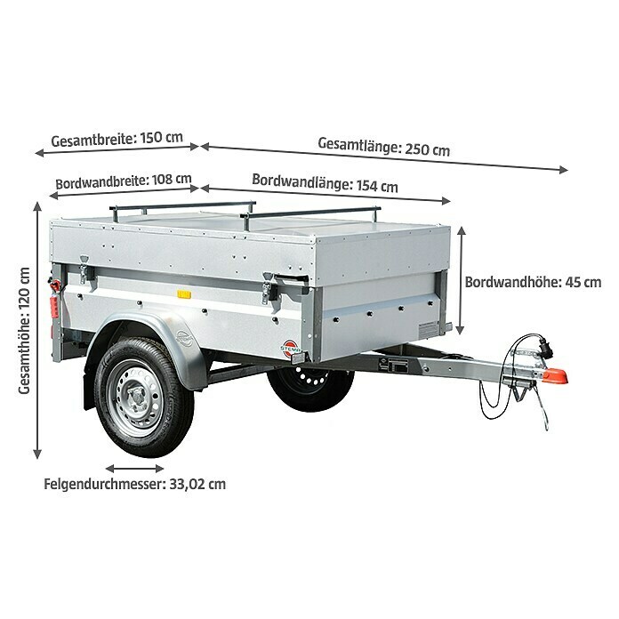 Stema Anhänger Basic 550Nutzlast: 396 kg, Einachser, Kasteninnenmaß: 154 x 108 x 33 cm, Ungebremst Diagonal View