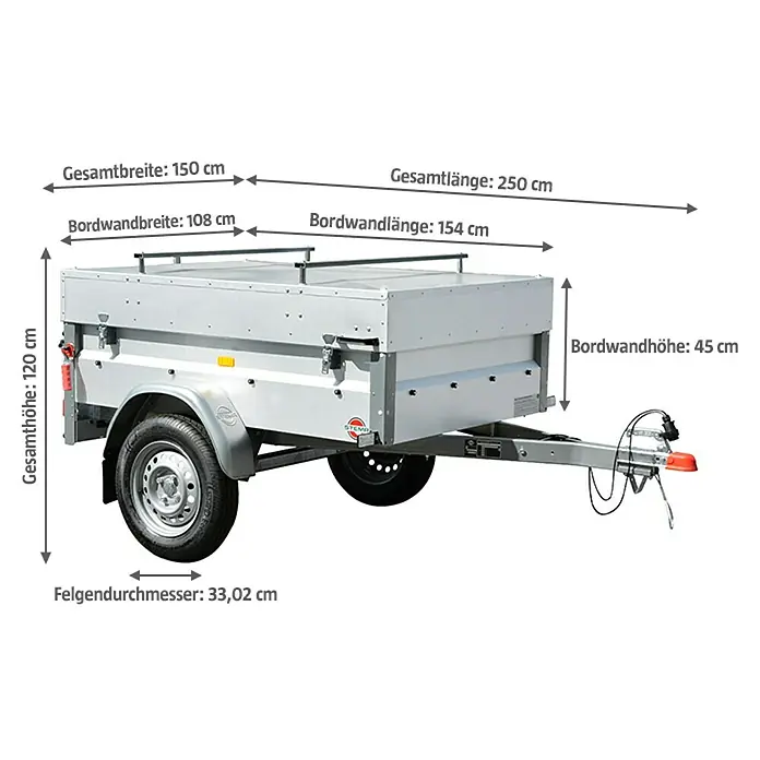 Stema Anhänger Basic 550 mit Metalldeckel - Nutzlast: 396 kg, Einachser, Kasteninnenmaß: 154 x 108 x 33 cm, Ungebremst - Abbildung eines STEWE-Anhängers mit Maßangaben zu Gesamtlänge, -breite und -höhe sowie Bordwandmaßen und Felgendurchmesser.