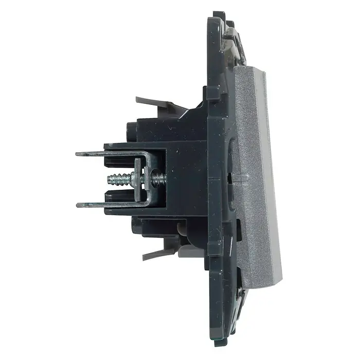 Legrand Niloé Step Conmutador doble - Aluminio, Instalar, Plástico - Vista lateral de un interruptor de luz gris, que muestra su mecánica interna y los tornillos de montaje. Su diseño moderno complementa cualquier interior.