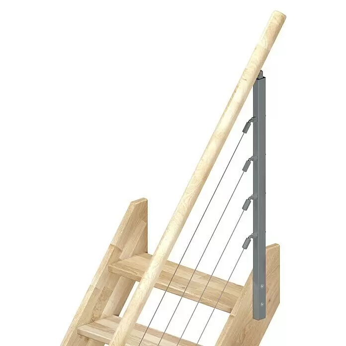 Dolle Raumspartreppe Brest - Breite: 70 mm, Grau, Gerade, Geschosshöhe: 280 cm, Farbe Stufen: Eiche - Helle Holztreppe mit Holzhandlauf und grauem Metallgeländer mit Spannseilen.