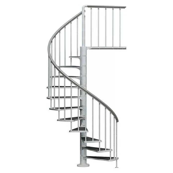 Dolle Außentreppe Gardenspin - Durchmesser: 155 cm, Geschosshöhe: 266,5 cm - 305,5 cm, Trimax® Stufen - Graue Metall-Wendeltreppe mit dunklen, rutschfesten Stufen und passendem Geländer.