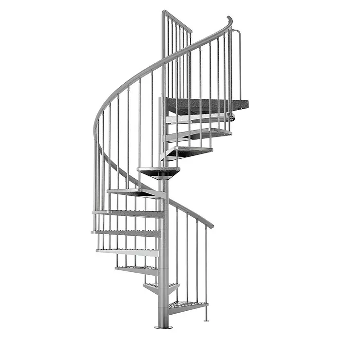 Dolle Außentreppe Gardenspin - Durchmesser: 185 cm, Geschosshöhe: 307,5 cm - 352,5 cm, Lochblechstufen, Silber - Metallwendeltreppe mit Geländer und Stufen auf schwarzem Hintergrund, die ein modernes und platzsparendes Design zeigt.