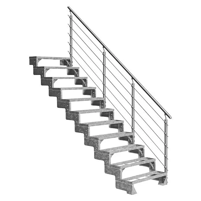 Dolle Außentreppe Gardentop - Einlegestufen, Mitlaufende Edelstahlstäbe, Breite: 100 cm, Anzahl Stufen: 11 Stk., Geschosshöhe: 198 cm - 242 cm - Verzinkte Metalltreppe mit minimalistischem Edelstahlseilgeländer.