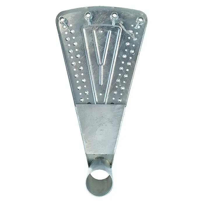 Dolle Außentreppe Gardenspin - Durchmesser: 185 cm, Geschosshöhe: 307,5 cm - 352,5 cm, Lochblechstufen, Silber - Metallprodukt, das an eine Stufe oder eine Halterung erinnert, mit Löchern und einer zylindrischen Öffnung für Stabilität.