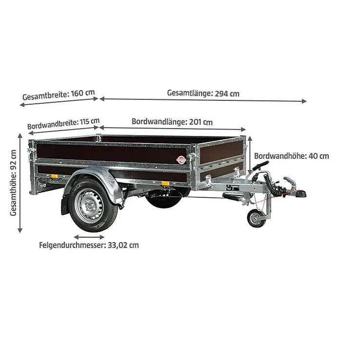 Stema Anhänger WOODOXX 1000 - Nutzlast: 792 kg, Einachser, Kasteninnenmaß: 201 x 115 x 40 cm, Gebremst - Abbildung eines Anhängers mit Angabe der Maße wie Gesamtlänge, -breite und -höhe sowie Bordwandmaße und Felgendurchmesser.