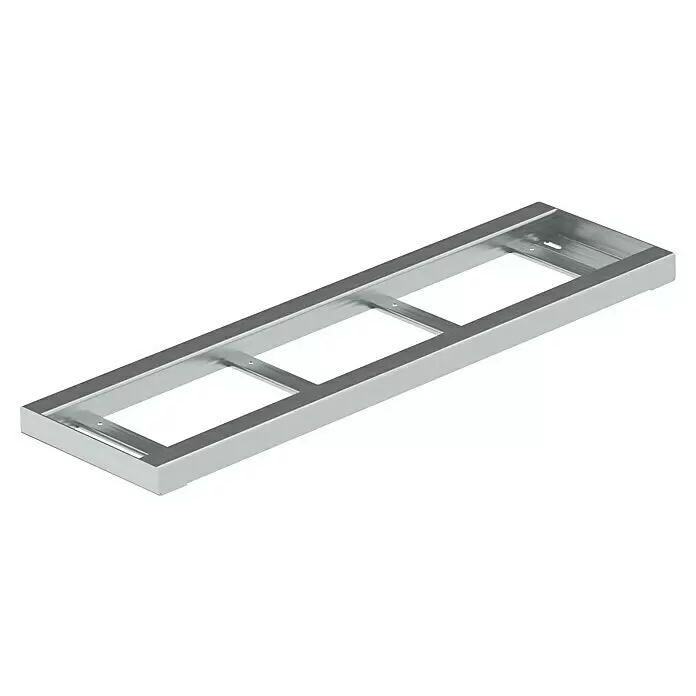Dolle Außentreppe Gardentop - Einlegestufen, Mitlaufende Edelstahlstäbe, Breite: 80 cm, Anzahl Stufen: 3 Stk., Geschosshöhe: 54 cm - 66 cm - Silberner rechteckiger Montagerahmen mit drei quadratischen Öffnungen und kleinen Befestigungslöchern.