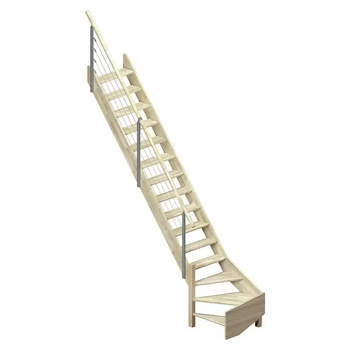 Dolle Raumspartreppe Brest - Breite: 70 mm, Grau, 1/4-gewendelt links, Geschosshöhe: 320 cm, Farbe Stufen: Eiche - Helle Holz-Raumspartreppe mit Viertelwendelung unten und Metallgeländer.