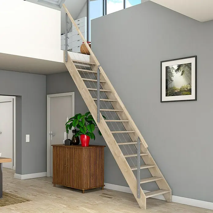 Dolle Raumspartreppe Brest - Breite: 70 mm, Grau, Gerade, Geschosshöhe: 280 cm, Farbe Stufen: Eiche - Eine elegante, helle Holztreppe mit Edelstahlgeländer führt zu einem oberen Geschoss und verleiht dem Raum eine moderne Note.
