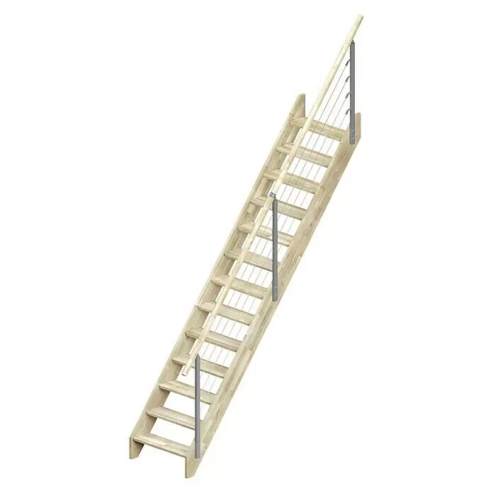 Dolle Raumspartreppe Brest - Breite: 70 mm, Grau, Gerade, Geschosshöhe: 280 cm, Farbe Stufen: Eiche - Geradläufige Holztreppe aus hellem Holz mit Handlauf und modernem Geländer aus grauem Metall und Seilen.