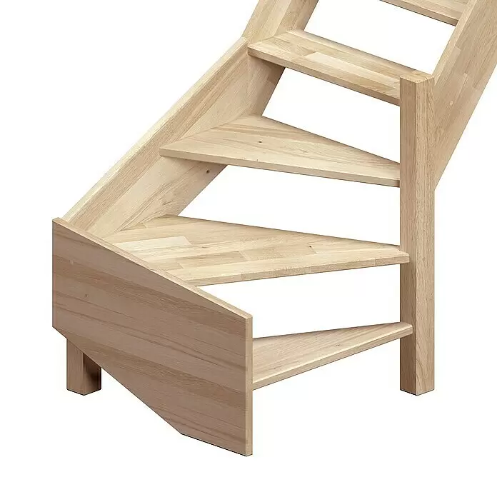 Dolle Raumspartreppe Brest - Breite: 70 mm, Grau, 1/4-gewendelt rechts, Geschosshöhe: 320 cm, Farbe Stufen: Eiche - Kompakte gewendelte Treppe aus hellem Holz mit mehreren Stufen aus keilgezinktem Holz.