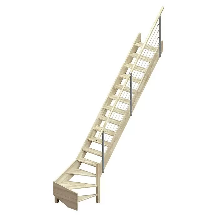 Dolle Raumspartreppe Brest - Breite: 70 mm, Grau, 1/4-gewendelt rechts, Geschosshöhe: 320 cm, Farbe Stufen: Eiche - Viertelgewendelte Holztreppe, platzsparend, mit Metallseilgeländer.