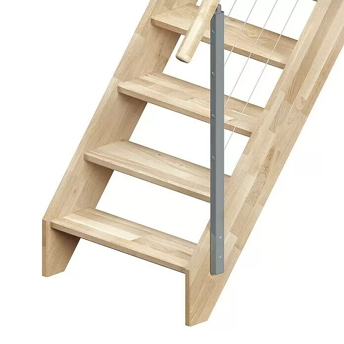 Dolle Raumspartreppe Brest - Breite: 70 mm, Grau, Gerade, Geschosshöhe: 280 cm, Farbe Stufen: Eiche - Helle Holztreppe mit grauem Metallgeländer und dünnen Kabeln.