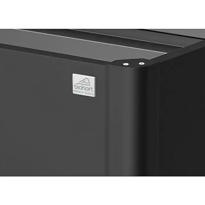 Biohort Hochbeet - 102 x 201 x 77 cm, Stahl, Dunkelgrau Metallic - Dunkelgraues Biohort Metallprodukt mit 'Made in Austria' Etikett an der Ecke.