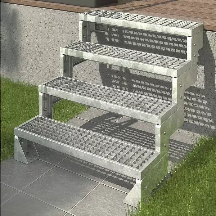 Dolle Außentreppe Gardentop - Gitterroststufen, Ohne Geländer, Breite: 100 cm, Anzahl Stufen: 4 Stk., Geschosshöhe: 72 cm - 88 cm - Treppe aus verzinktem Metall mit rutschfesten Gitterstufen, die Zugang vom Podest zum Boden im Freien bietet.