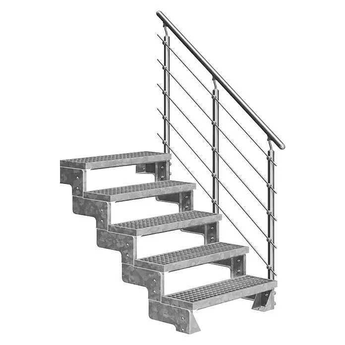 Dolle Außentreppe Gardentop - Gitterroststufen, Mitlaufende Edelstahlstäbe, Breite: 80 cm, Anzahl Stufen: 5 Stk., Geschosshöhe: 90 cm - 110 cm - Silberne Metalltreppe mit rutschfesten Stufen und einem modernen Geländer.