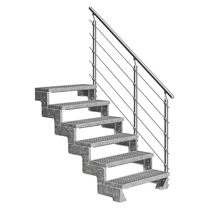 Dolle Außentreppe Gardentop - Gitterroststufen, Mitlaufende Edelstahlstäbe, Breite: 100 cm, Anzahl Stufen: 6 Stk., Geschosshöhe: 108 cm - 132 cm - Verzinkte Industrietreppe mit perforierten Stufen und Edelstahl-Seilgeländer.