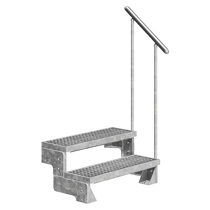 Dolle Außentreppe Gardentop - Gitterroststufen, Feuerverzinkte Geländerstäbe, Breite: 80 cm, Anzahl Stufen: 2 Stk., Geschosshöhe: 36 cm - 44 cm - Zweistufige Industriestufen aus Metall mit rutschfester Trittfläche und stabilem Handlauf für sicheren Zugang.