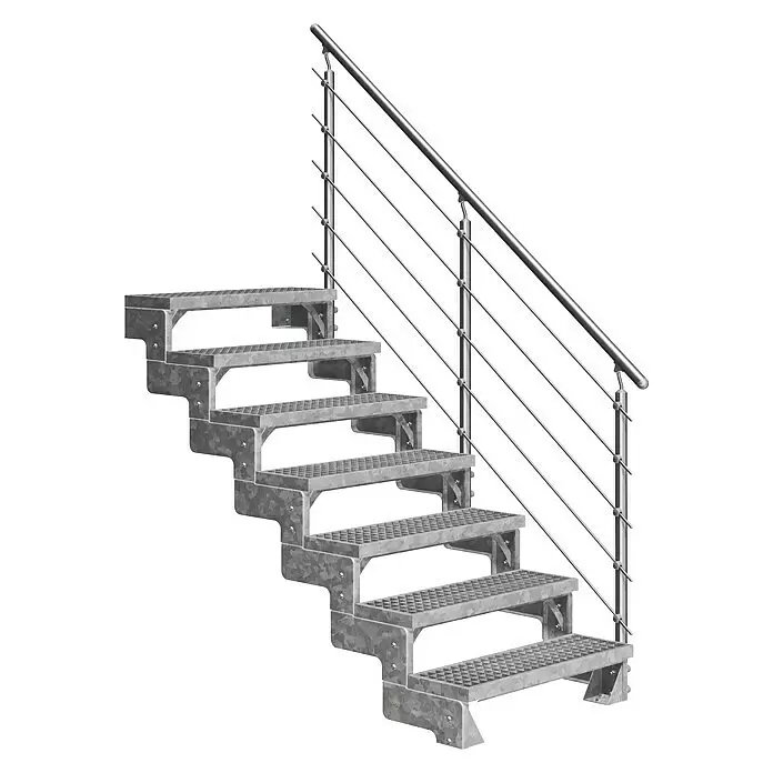 Dolle Außentreppe Gardentop - Gitterroststufen, Mitlaufende Edelstahlstäbe, Breite: 100 cm, Anzahl Stufen: 7 Stk., Geschosshöhe: 126 cm - 154 cm - Verzinkte Metalltreppe mit modernem Edelstahlseilgeländer.