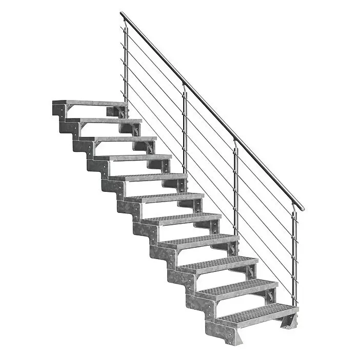 Dolle Außentreppe Gardentop - Gitterroststufen, Mitlaufende Edelstahlstäbe, Breite: 100 cm, Anzahl Stufen: 11 Stk., Geschosshöhe: 198 cm - 242 cm - Galvanisierte Metalltreppe mit Handlauf und strukturierten Stufen.