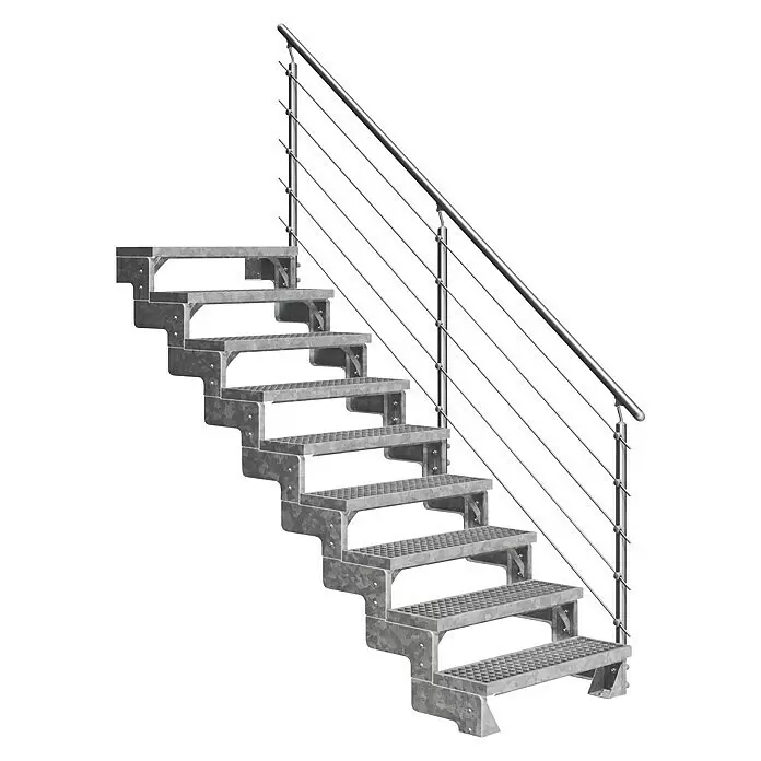 Dolle Außentreppe Gardentop - Gitterroststufen, Mitlaufende Edelstahlstäbe, Breite: 100 cm, Anzahl Stufen: 9 Stk., Geschosshöhe: 162 cm - 198 cm - Verzinkte Metalltreppe mit Riffelblech-Stufen und silbernem Geländer mit Seilfüllung.