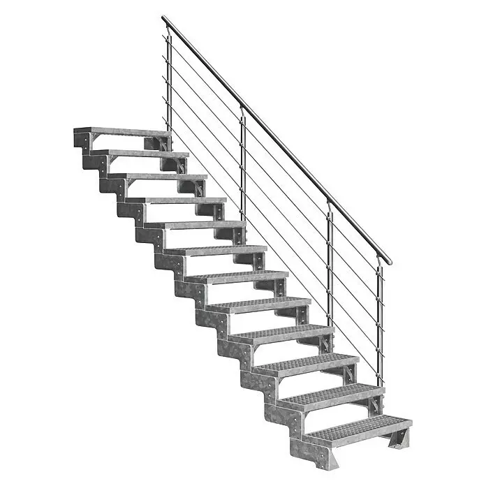 Dolle Außentreppe Gardentop - Gitterroststufen, Mitlaufende Edelstahlstäbe, Breite: 100 cm, Anzahl Stufen: 12 Stk., Geschosshöhe: 216 cm - 264 cm - Industrielle graue Metalltreppe mit modernem silbernem Geländer.