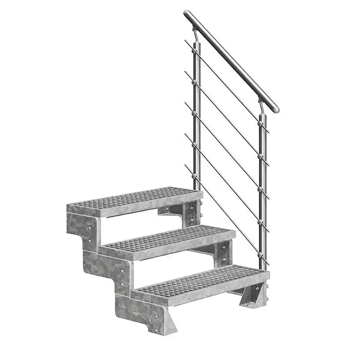 Dolle Außentreppe Gardentop - Gitterroststufen, Mitlaufende Edelstahlstäbe, Breite: 100 cm, Anzahl Stufen: 3 Stk., Geschosshöhe: 54 cm - 66 cm - Verzinkte Stahltreppe mit modernem Metallgeländer.
