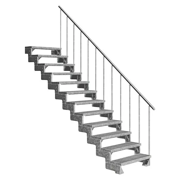 Dolle Außentreppe Gardentop - Gitterroststufen, Feuerverzinkte Geländerstäbe, Breite: 100 cm, Anzahl Stufen: 12 Stk., Geschosshöhe: 216 cm - 264 cm - Graue Metalltreppe mit strukturierter Oberfläche und Handlauf.