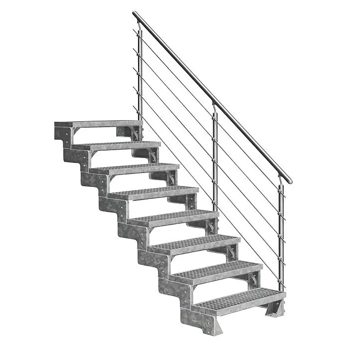 Dolle Außentreppe Gardentop - Gitterroststufen, Mitlaufende Edelstahlstäbe, Breite: 100 cm, Anzahl Stufen: 8 Stk., Geschosshöhe: 144 cm - 176 cm - Metalltreppe mit Riffelblech-Stufen und Edelstahlgeländer.
