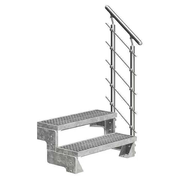 Dolle Außentreppe Gardentop - Gitterroststufen, Mitlaufende Edelstahlstäbe, Breite: 100 cm, Anzahl Stufen: 2 Stk., Geschosshöhe: 36 cm - 44 cm - Zweistufige verzinkte Metalltreppe mit rutschfesten Trittflächen und passendem Metallgeländer.