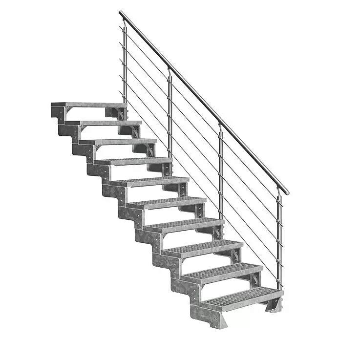 Dolle Außentreppe Gardentop - Gitterroststufen, Mitlaufende Edelstahlstäbe, Breite: 100 cm, Anzahl Stufen: 10 Stk., Geschosshöhe: 180 cm - 220 cm - Verzinkte Metalltreppe mit rutschfesten Trittstufen und modernem Edelstahlgeländer.