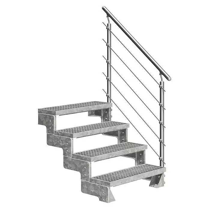 Dolle Außentreppe Gardentop - Gitterroststufen, Mitlaufende Edelstahlstäbe, Breite: 100 cm, Anzahl Stufen: 4 Stk., Geschosshöhe: 72 cm - 88 cm - Verzinkte Metalltreppe mit rutschfesten Stufen und silbernem Geländer.