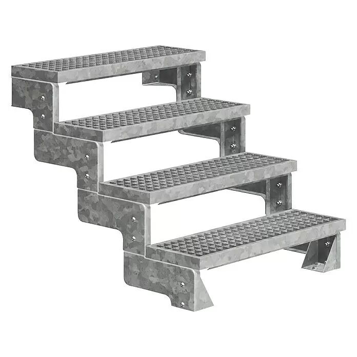 Dolle Außentreppe Gardentop - Gitterroststufen, Ohne Geländer, Breite: 100 cm, Anzahl Stufen: 4 Stk., Geschosshöhe: 72 cm - 88 cm - Vierstufige Industrialtreppe aus verzinktem, grauem Metall mit rutschfesten Riffelblechtritten.