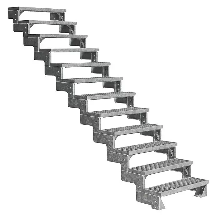 Dolle Außentreppe Gardentop - Gitterroststufen, Ohne Geländer, Breite: 100 cm, Anzahl Stufen: 12 Stk., Geschosshöhe: 216 cm - 264 cm - Modulare graue verzinkte Stahltreppe mit rutschfesten Trittflächen.