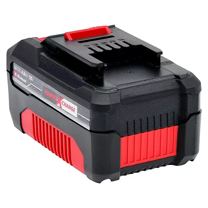 Einhell PXC 18V Batería - 4 Ah - Batería de iones de litio Einhell Power X-Change 4.0Ah 18V negra y roja, con acabado texturizado y botón de liberación rojo.