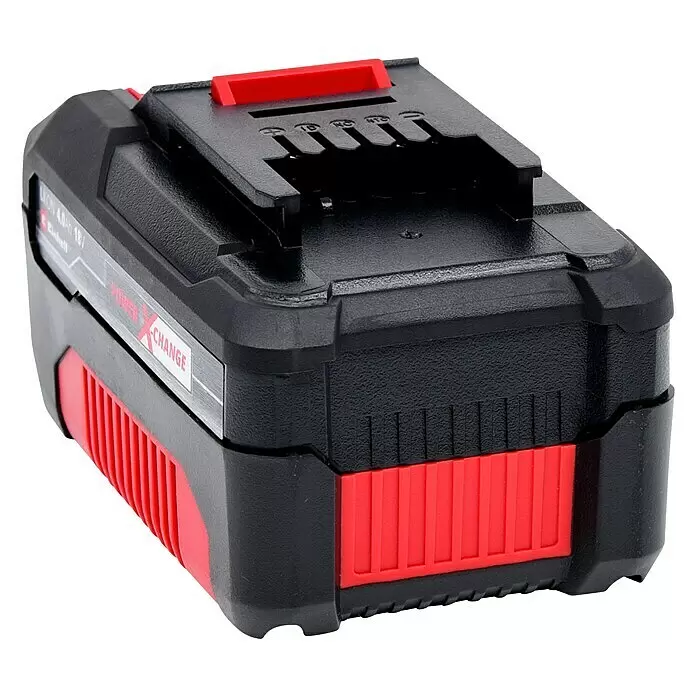 Einhell PXC 18V Batería - 4 Ah - Una batería de herramienta eléctrica negra y roja, usada típicamente para herramientas inalámbricas.
