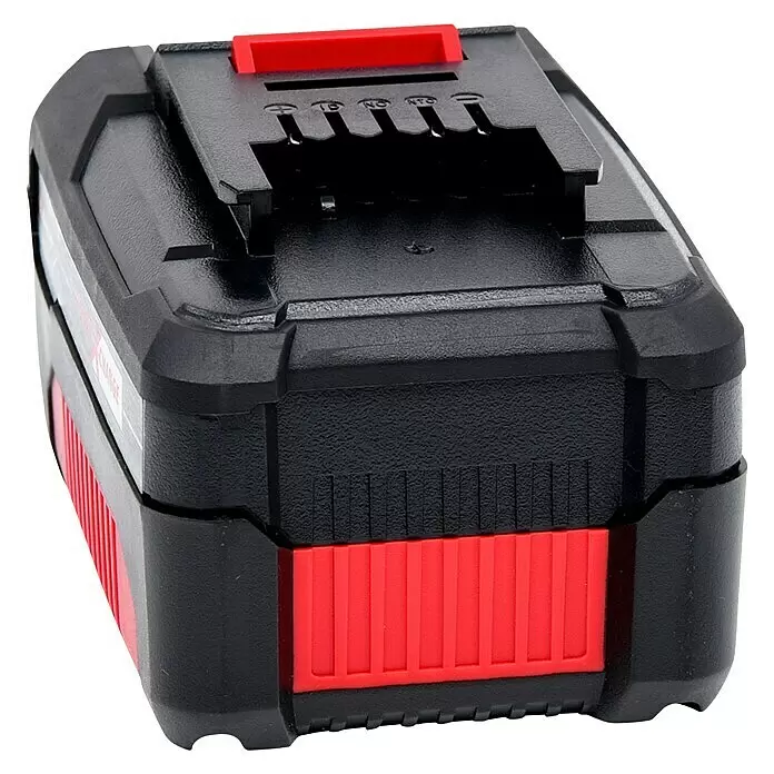 Einhell PXC 18V Batería - 18 V, 4 Ah - Batería de herramienta eléctrica negra y roja con botón de liberación rojo y áreas de agarre texturizadas.
