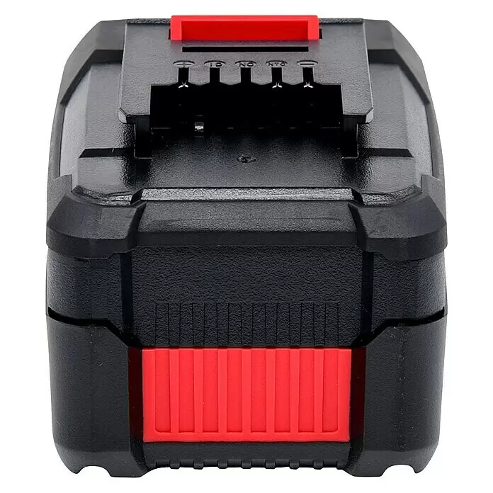 Einhell PXC 18V Batería - 4 Ah - Batería negra y roja para herramienta eléctrica inalámbrica con terminales de conexión y botón de liberación.