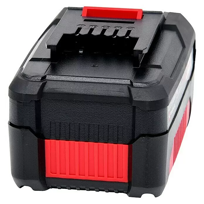 Einhell PXC 18V Batería - 18 V, 4 Ah - Batería negra para herramientas eléctricas con superficie texturizada y detalles rojos, con terminales de conexión y un botón de liberación rojo en la parte superior.