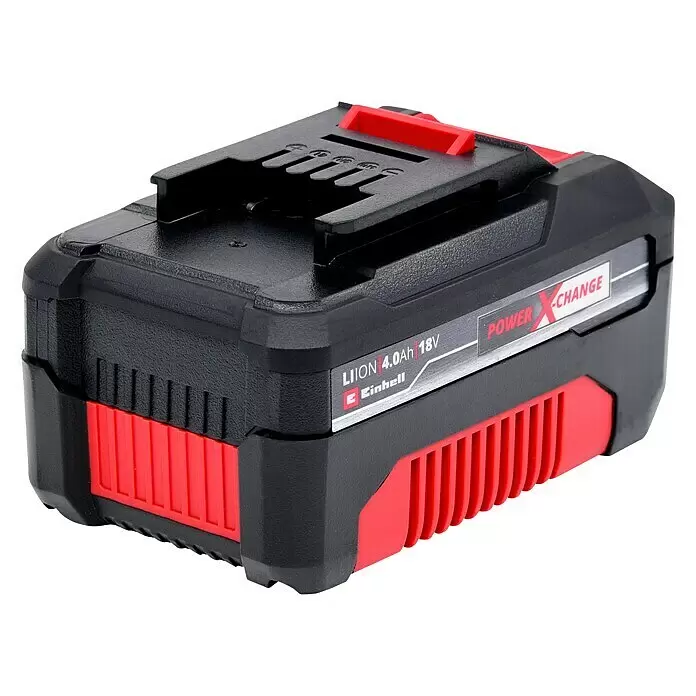 Einhell PXC 18V Batería - 4 Ah - Batería Einhell Power X-Change Li-Ion 4.0Ah 18V negra y roja, con diseño robusto y rectangular y zonas de agarre texturizadas.