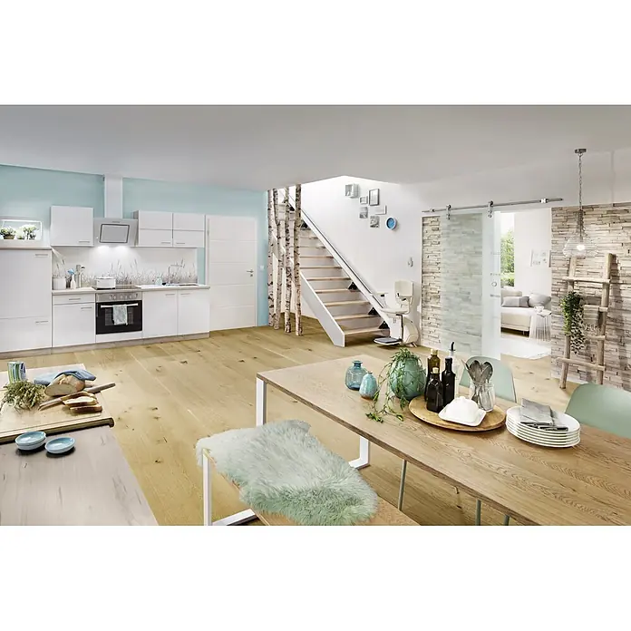 Noblewood Pur Iternal Tischbein - 550 x 60 x 402 mm, Weiß, 2 Stk. - Kücheninterieur mit Holztisch und Sitzbank, Geschirr und Dekoration. Helle, moderne Einrichtung mit Küchenzeile und Treppe.