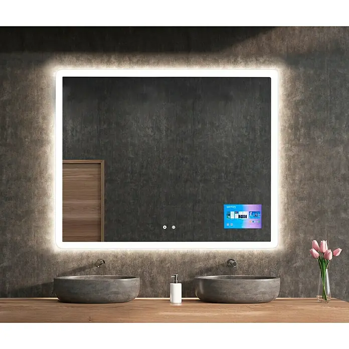 Camargue Espejo con luz Astro Screen Mirror - An x Al: 100 x 80 cm - Un espejo de baño moderno con una pantalla integrada e iluminación LED perimetral, que proporciona un complemento elegante y funcional.