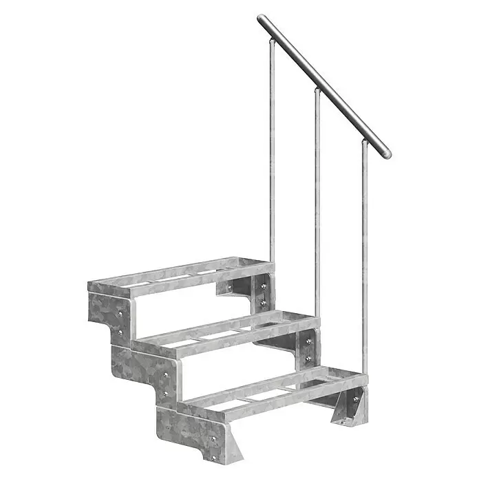 Dolle Außentreppe Gardentop - Einlegestufen, Feuerverzinkte Geländerstäbe, Breite: 100 cm, Anzahl Stufen: 3 Stk., Geschosshöhe: 54 cm - 66 cm - Verzinkte Metalltreppe mit drei Stufen und einem silbernen Handlauf.