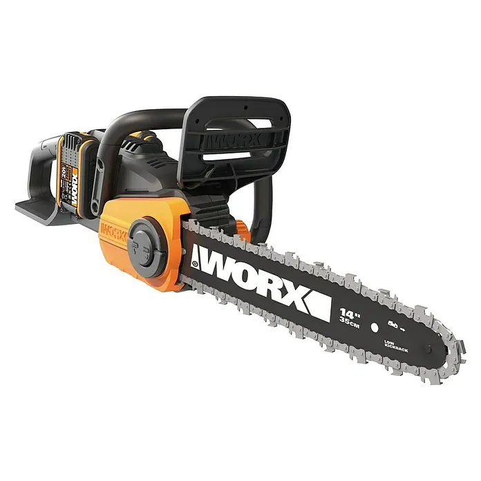 Worx PowerShare 20V Akku-Kettensäge WG384E - Akkuspannung: 40 V, Li-Ionen, 2 Ah, 2 Akkus, 35 cm - Eine orangefarbene Worx Akku-Kettensäge mit einer 35cm Schneidlänge für den professionellen Einsatz im Garten und in der Landschaftspflege.