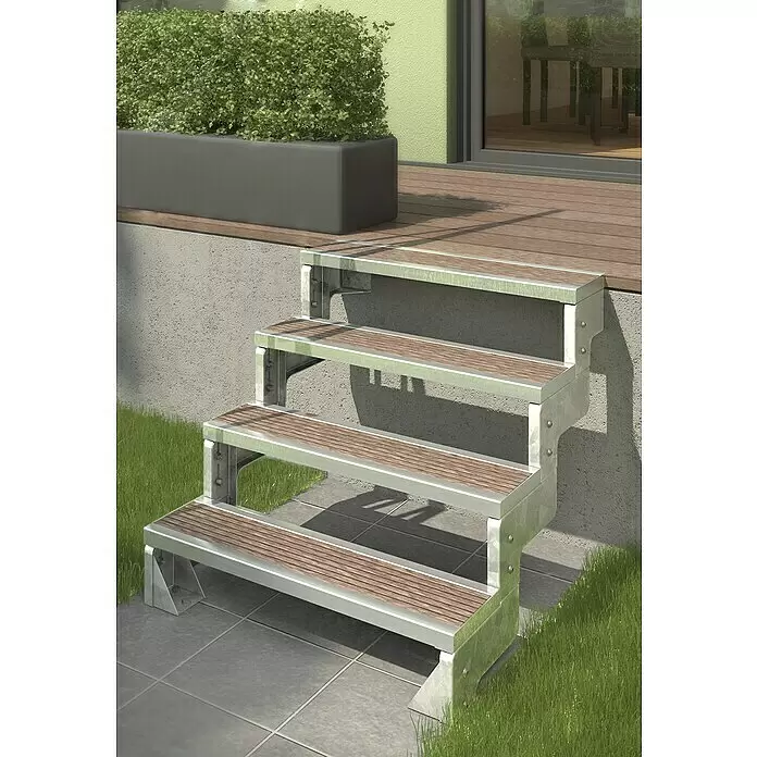 Dolle Außentreppe Gardentop - Einlegestufen, Ohne Geländer, Breite: 80 cm, Anzahl Stufen: 4 Stk., Geschosshöhe: 72 cm - 88 cm - Robuste Außentreppe mit silbernem Metallrahmen und braunen Holzstufen, die eine Terrasse mit dem Boden verbindet.