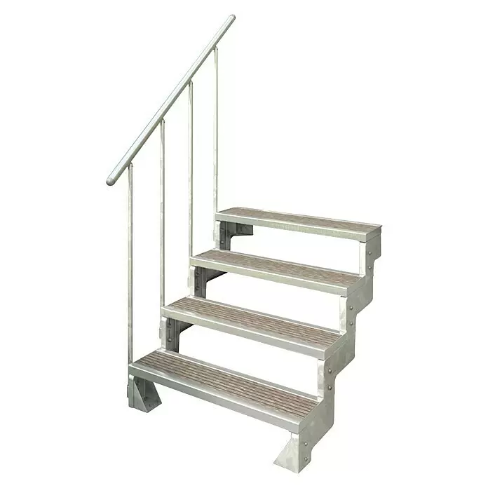 Dolle Außentreppe Gardentop - Einlegestufen, Feuerverzinkte Geländerstäbe, Breite: 80 cm, Anzahl Stufen: 4 Stk., Geschosshöhe: 72 cm - 88 cm - Modulare Metalltreppe mit hellbraunen Holzstufen und silbernem Metallhandlauf.