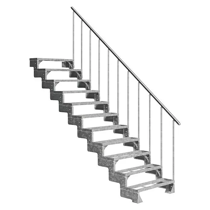 Dolle Außentreppe Gardentop - Einlegestufen, Feuerverzinkte Geländerstäbe, Breite: 100 cm, Anzahl Stufen: 11 Stk., Geschosshöhe: 198 cm - 242 cm - Verzinkte Metalltreppe mit grauem Geländer für den Außenbereich.